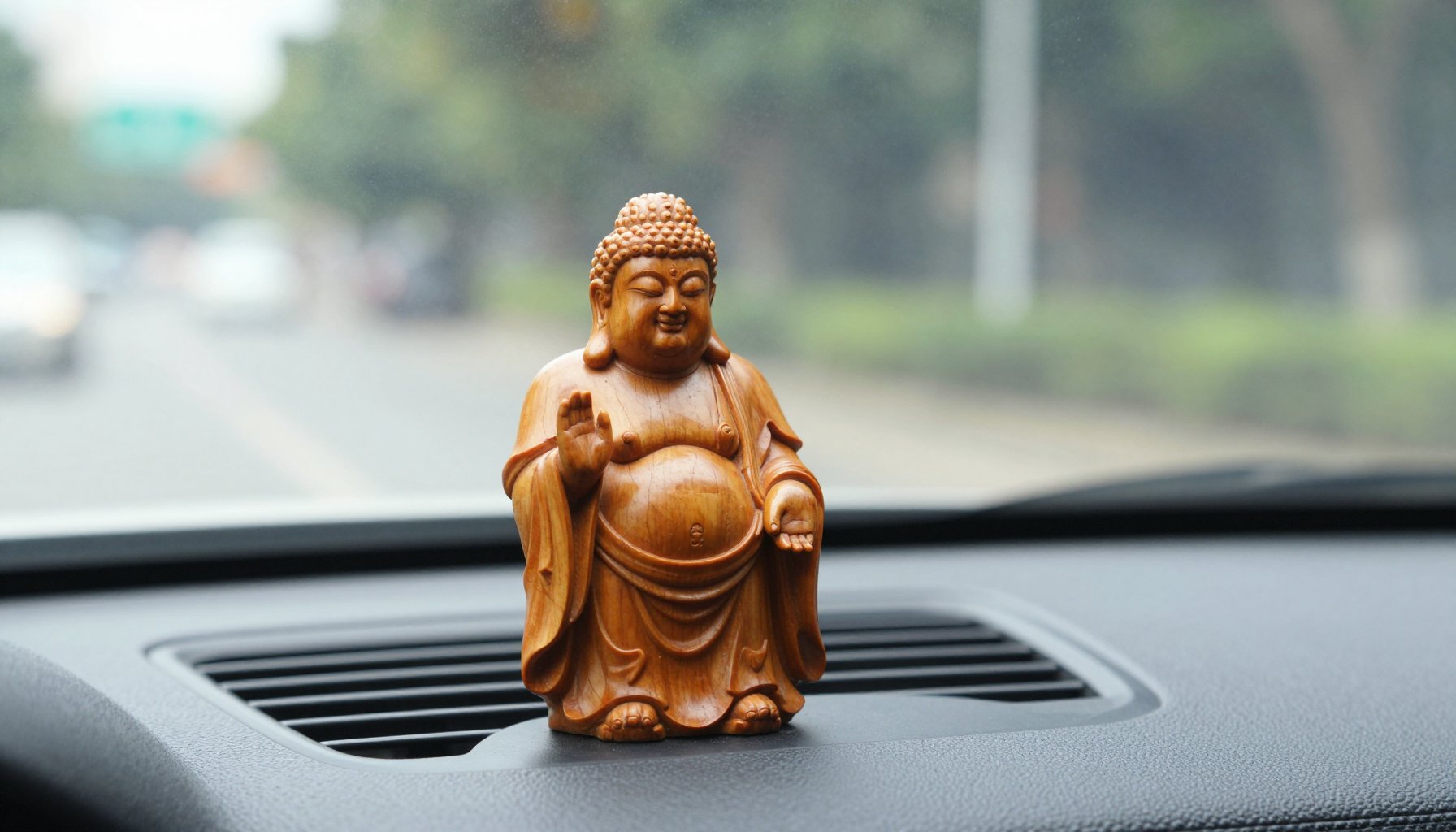 Tượng gỗ trên xe ô tô và tượng Phật để taplo
